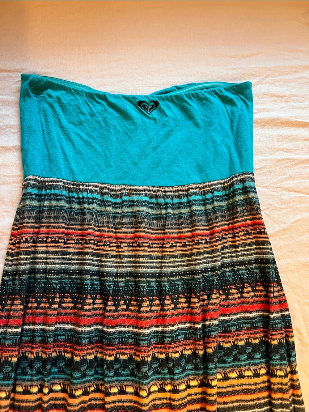 Roxy Turquoise Strapless Maxi Dress with Multicolor Pattern